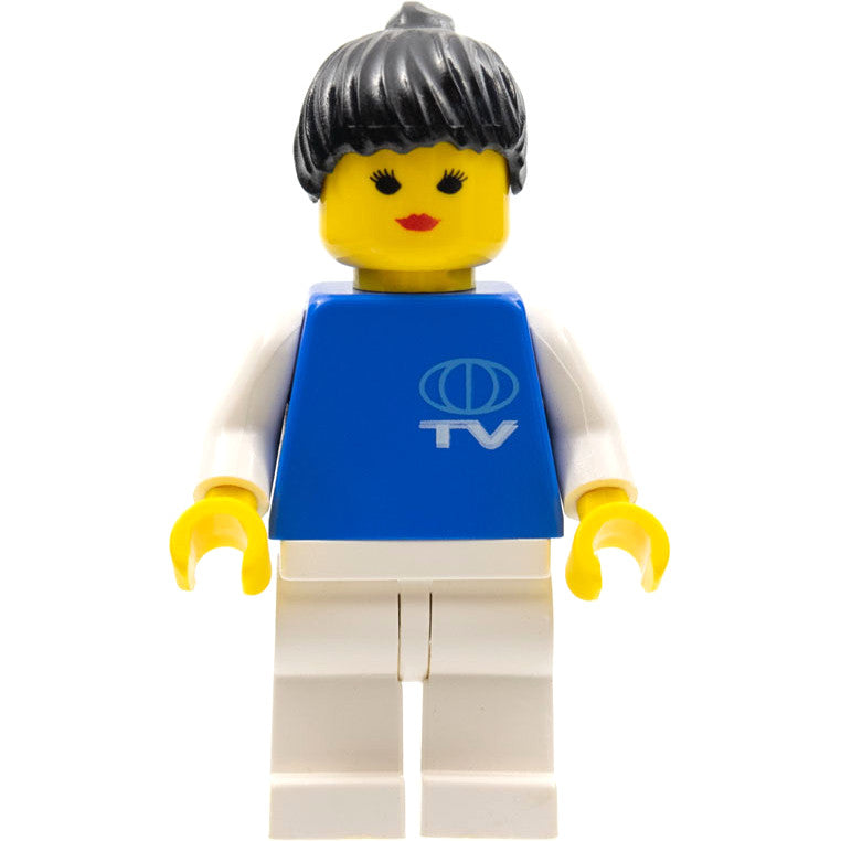 Minifig trn017 - TV Logo Small Pattern, White Legs, Black Ponytail Hair