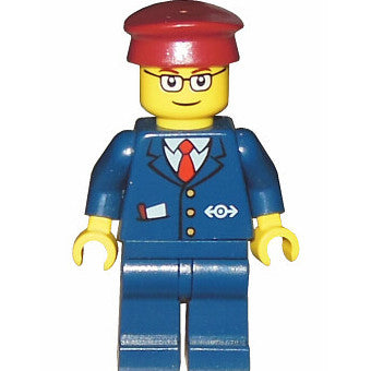 Minifig trn115 - Dark Blue Suit with Train Logo, Dark Blue Legs, Dark Red Hat, Rectangular Glasses - Passenger Train Engineer