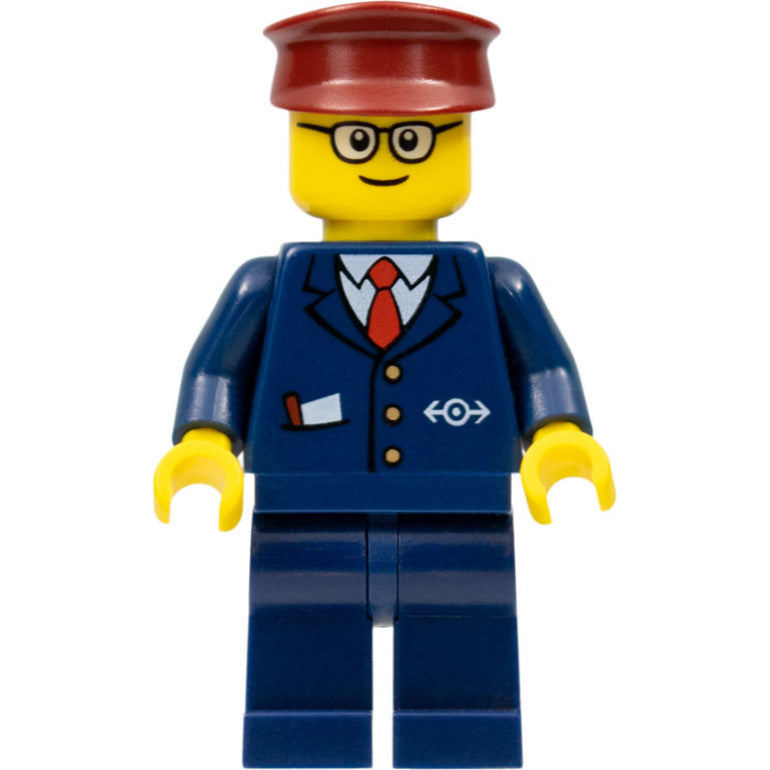 Minifig trn115a - Dark Blue Suit with Train Logo, Dark Blue Legs, Dark Red Hat, Rounded Glasses - Tram Driver