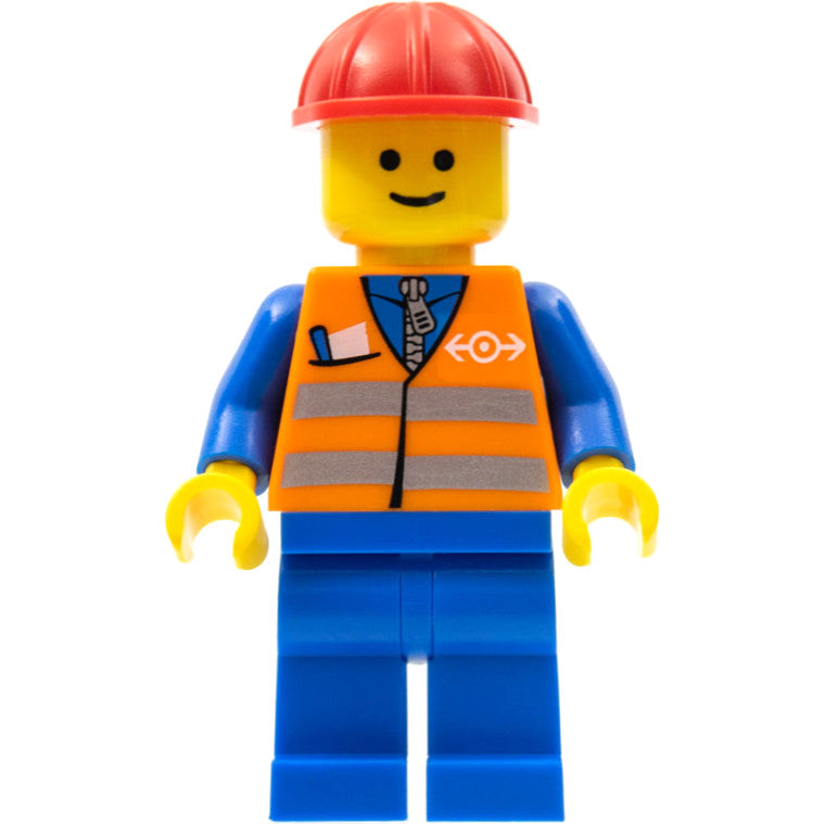 Minifig trn121 - Orange Vest with Safety Stripes - Blue Legs, Red Construction Helmet