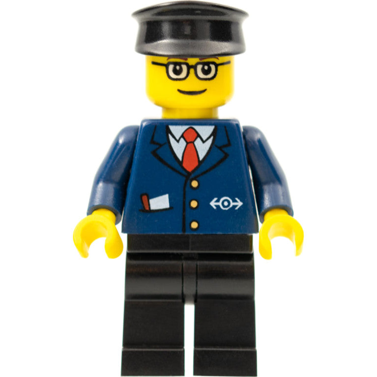Minifig trn128 - Dark Blue Suit with Train Logo, Black Legs, Brown Eyebrows, Black Hat