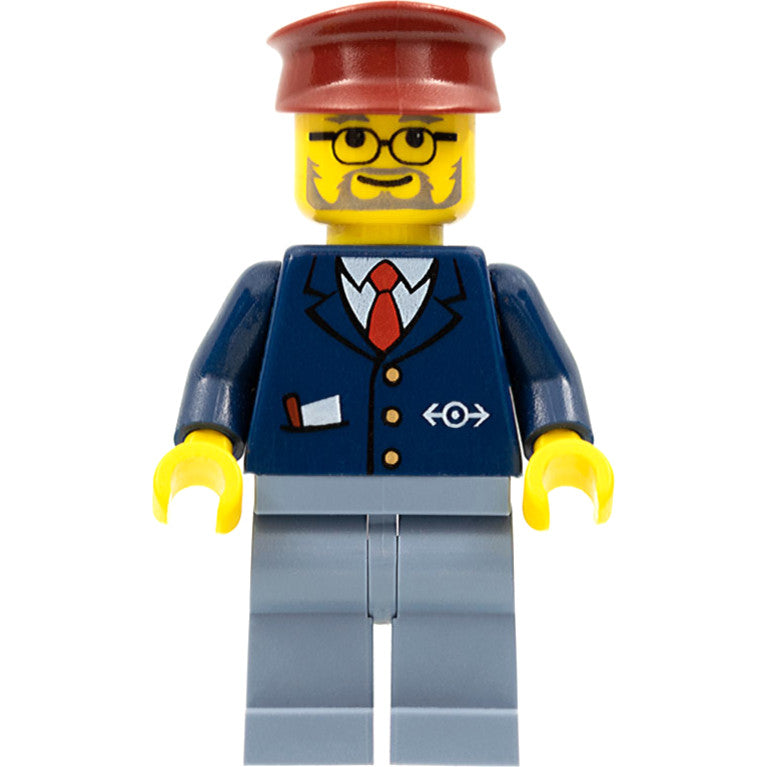 Minifig trn138 - Dark Blue Suit with Train Logo, Sand Blue Legs, Dark Red Hat - Conductor