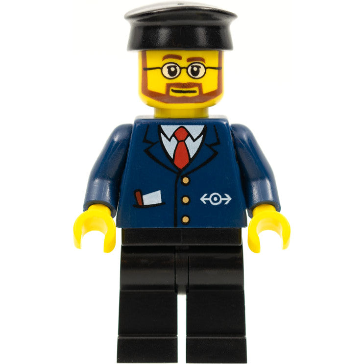 Minifig trn223 - Dark Blue Suit with Train Logo, Black Legs, Black Hat, Beard and Glasses