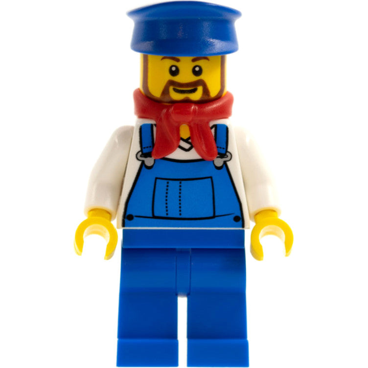 Minifig trn228 - Overalls Blue over V-Neck Shirt, Blue Legs, Blue Hat, Brown Beard Rounded - Cargo Train Driver