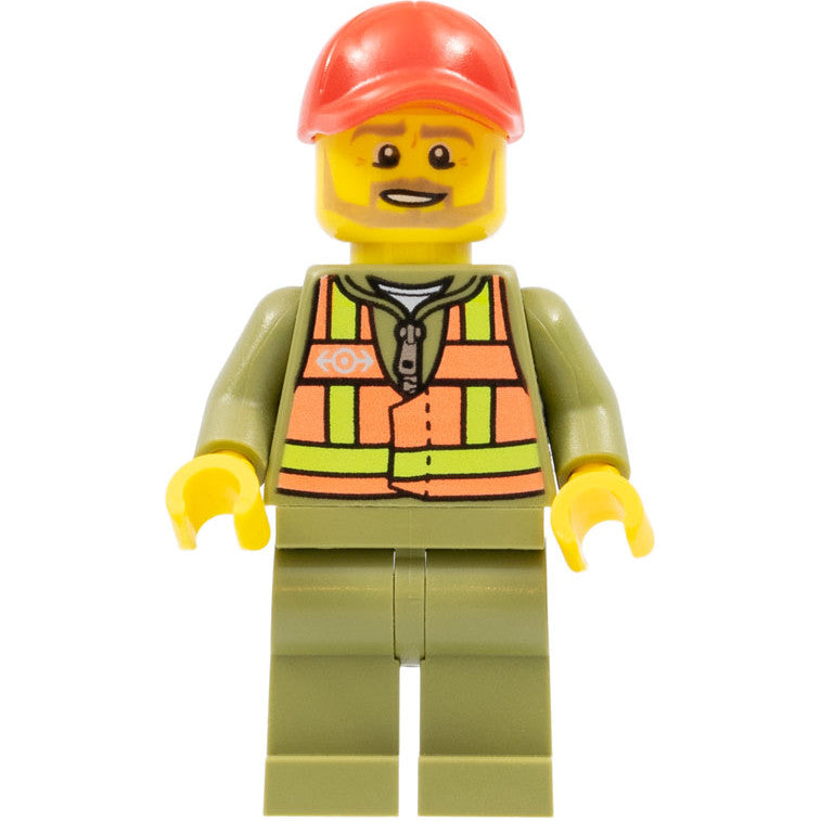 Minifig trn244 - Train Driver - Orange Safety Vest with Lime Straps, Olive Green Legs, Red Cap with Hole, Beard Dark Tan Angular