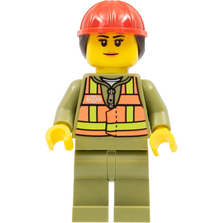 Minifig trn246 - Train Worker - Female, Orange Safety Vest with Lime Straps, Olive Green Legs, Red Construction Helmet with Dark Brown Ponytail Hair