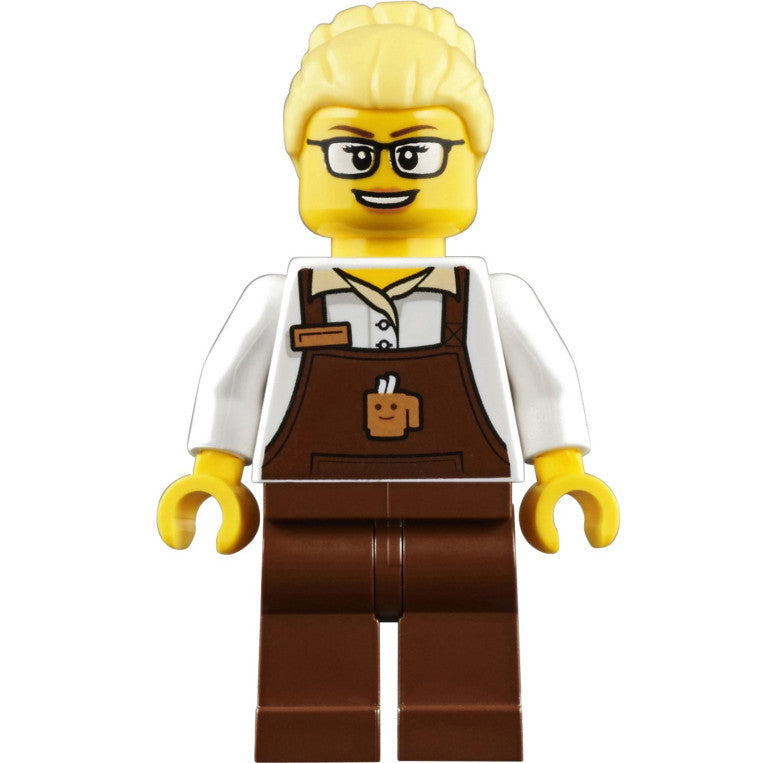 Minifig trn249 - Barista - Female, Reddish Brown Apron with Cup and Name Tag, Reddish Brown Legs, Bright Light Yellow Hair, Glasses