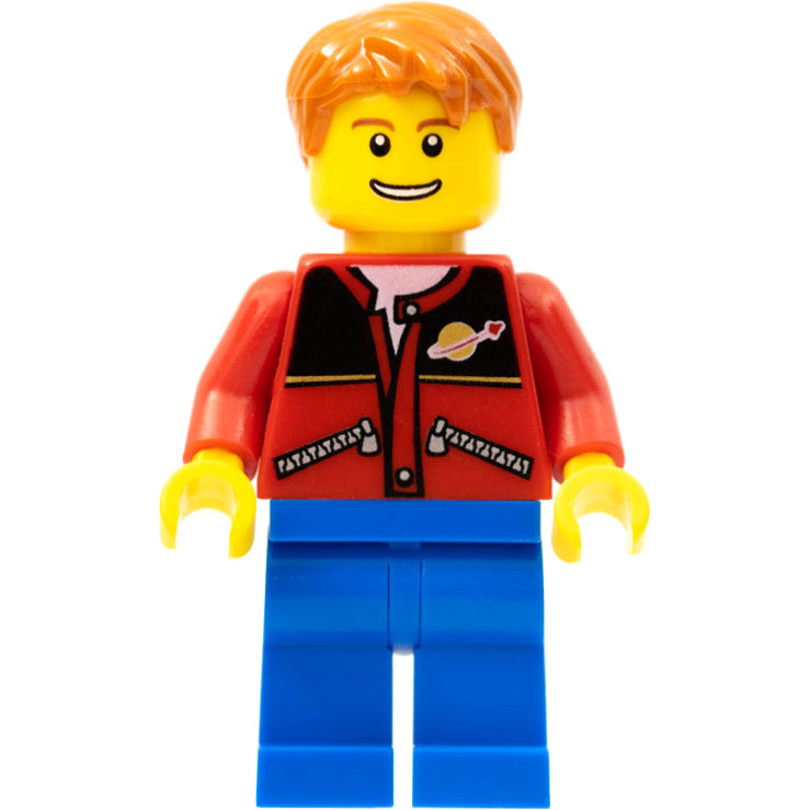 Minifig twn097 - Red Jacket with Zipper Pockets and Classic Space Logo, Blue Legs, Dark Orange Short Tousled Hair