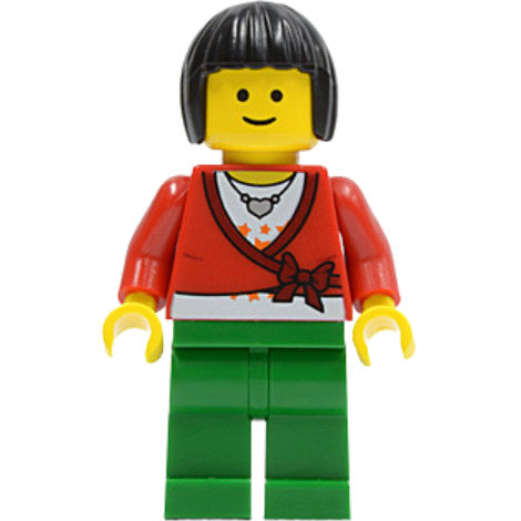 Minifig twn103 - Sweater Cropped with Bow, Heart Necklace, Green Legs, Black Bob Cut Hair