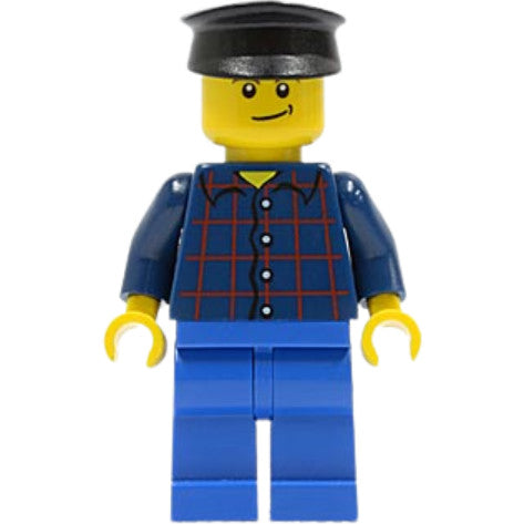 Minifig twn195 - Plaid Button Shirt, Blue Legs, Black Hat, Lopsided Smile with Dimple (Truck Driver)