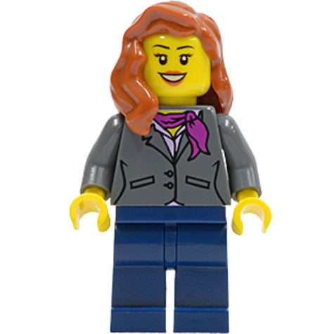 Minifig twn217 - Dark Bluish Gray Jacket with Magenta Scarf, Dark Blue Legs, Dark Orange Female Hair over Shoulder