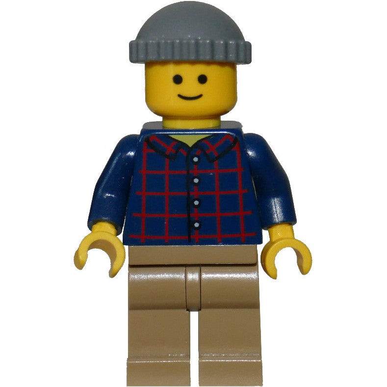 Minifig twn219a - Plaid Button Shirt with Back Print, Dark Tan Legs, Dark Bluish Gray Knit Cap, Standard Grin (Pool Player)
