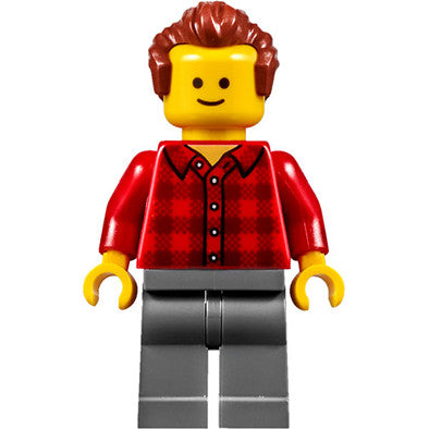 Minifig twn274 - Music Store Assistant - Male, Red Plaid Flannel Shirt, Dark Bluish Gray Legs, Reddish Brown Hair
