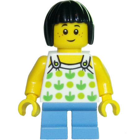 Minifig twn322 - Child - Girl, White Halter Top with Green Apples and Lime Spots, Medium Blue Short Legs, Black Bob Cut Hair, Freckles