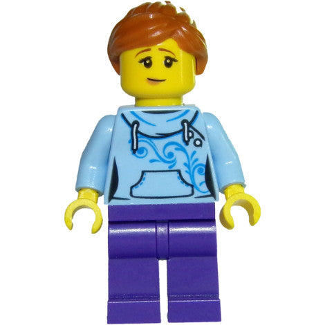 Minifig twn325 - Roller Coaster Rider - Female, Bright Light Blue Hoodie, Dark Purple Legs, Dark Orange Ponytail