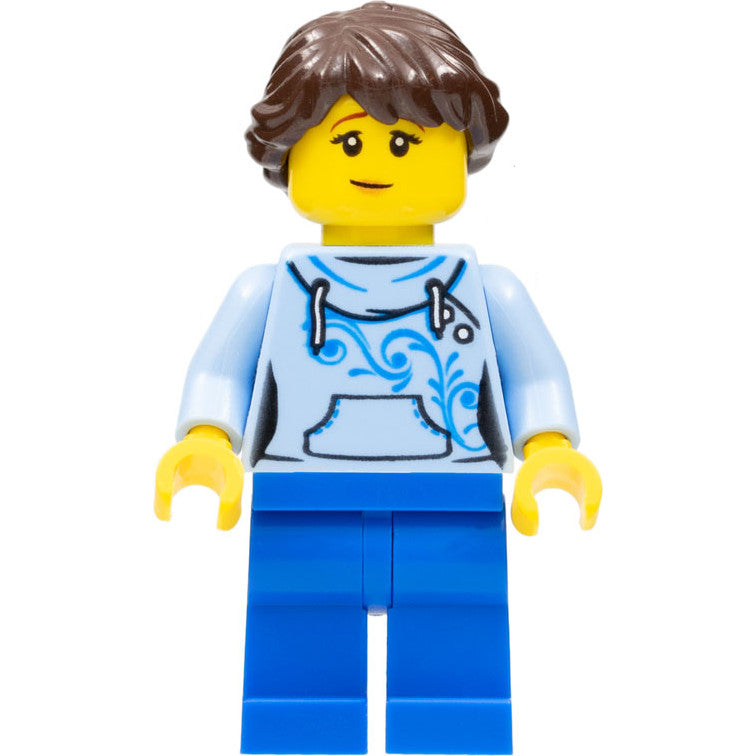 Minifig twn348 - Ludo Blue - Female, Bright Light Blue Hoodie, Blue Legs, Dark Brown Braided Ponytail