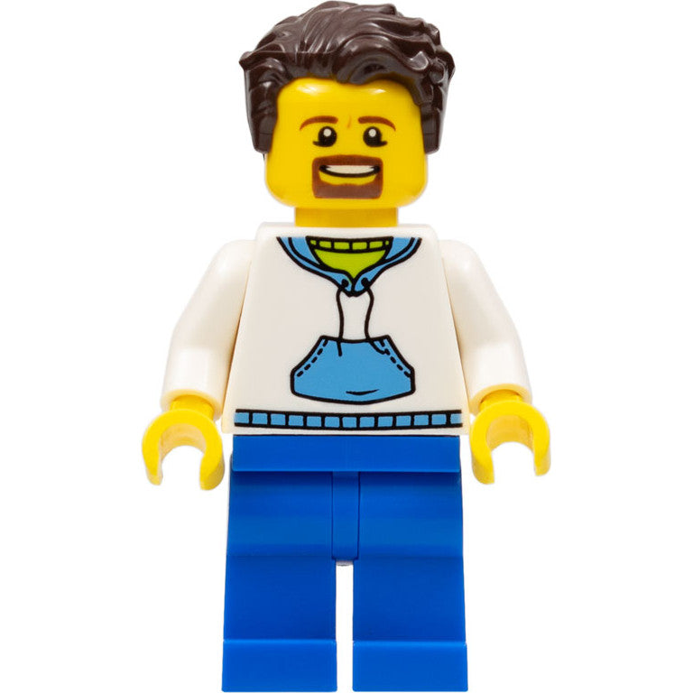 Minifig twn349 - Ludo Blue - Male, White Hoodie with Medium Blue Pocket, Blue Legs, Dark Brown Tousled Hair, Goatee