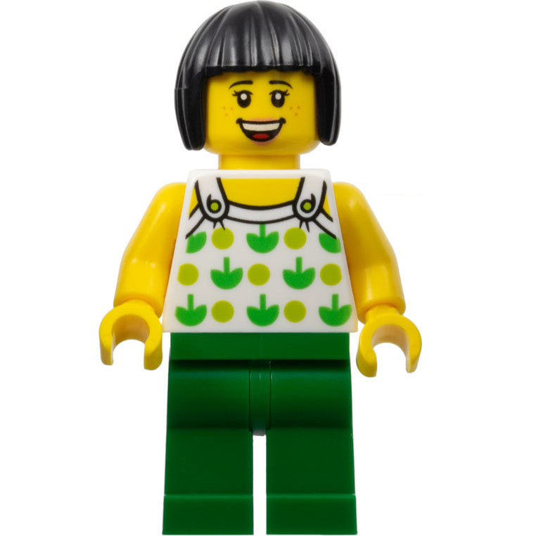 Minifig twn350 - Ludo Green - Female, White Halter Top with Green Apples and Lime Spots, Green Legs, Black Bob Cut Hair, Freckles