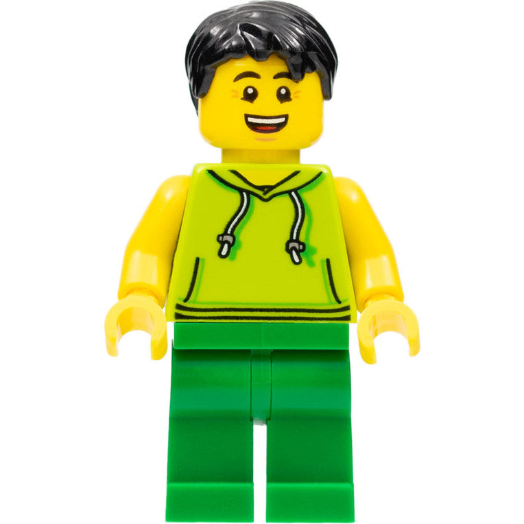 Minifig twn351 - Ludo Green - Male, Lime Hoodie, Green Legs, Black Hair