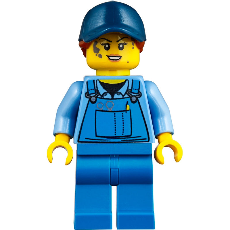 Minifig twn358 - Mechanic - Female, Blue Overalls over Medium Blue Shirt, Blue Legs, Dark Blue Cap with Dark Orange Ponytail, No Back Print