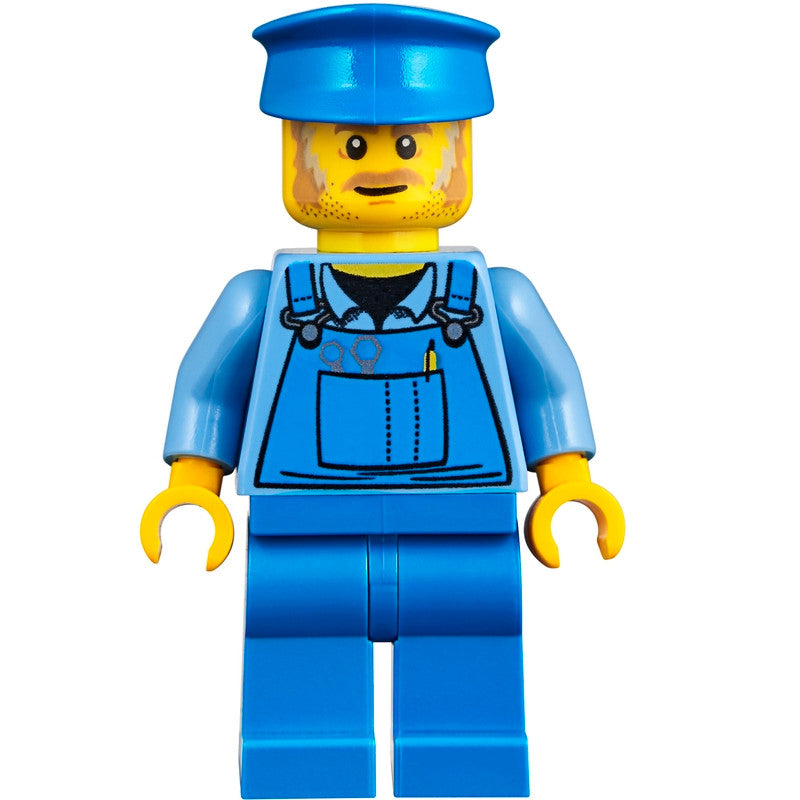 Minifig twn361 - Mechanic - Male, Blue Overalls over Medium Blue Shirt, Blue Legs, Blue Police Hat, Dark Tan Moustache and Sideburns, No Back Print