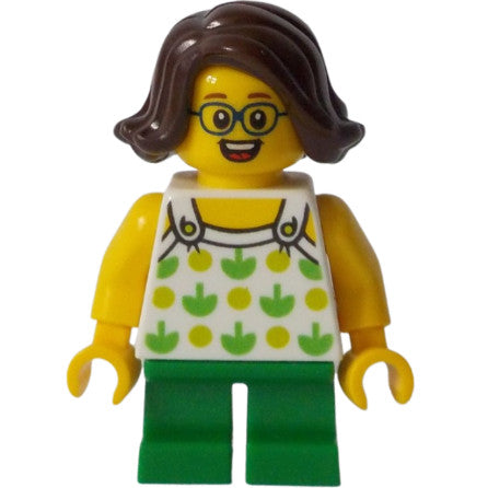 Minifig twn370 - Child - Girl, White Halter Top with Green Apples and Lime Spots, Green Short Legs, Dark Brown Hair, Glasses