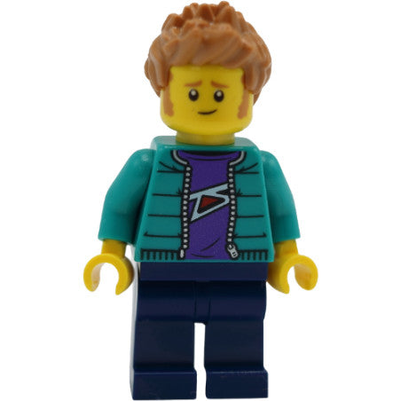 Minifig twn390 - Male with Purple Shirt, Dark Turquoise Jacket, Dark Blue Legs and Medium Nougat Hair