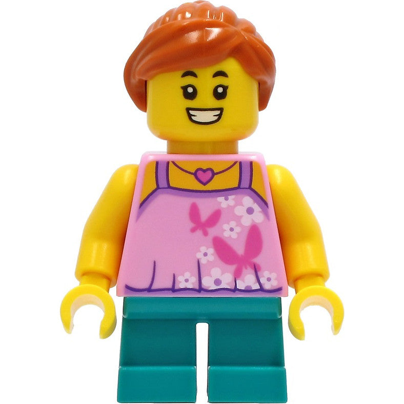 Minifig twn408 - Tourist - Girl, Bright Pink Top with Butterflies and Flowers, Dark Turquoise Short Legs, Dark Orange Hair