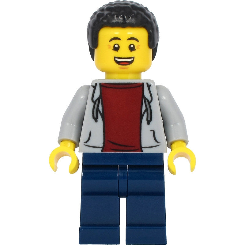 Minifig twn412 - Dad - Light Bluish Gray Hoodie with Dark Red Shirt, Dark Blue Legs, Black Hair
