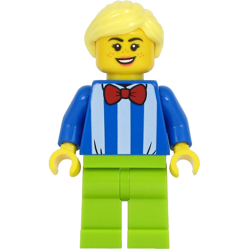 Minifig twn414 - Fairground Worker - Female, White Stripes and Red Bow Tie, Lime Legs, Bright Light Yellow Hair