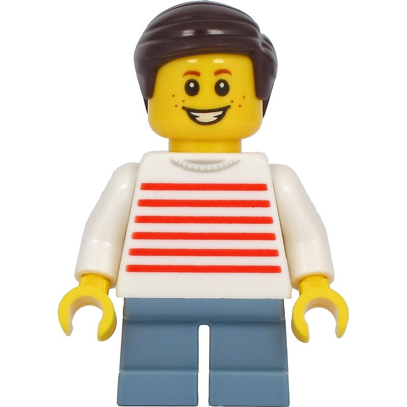 Minifig twn415 - Child - Boy, White Sweater with Red Horizontal Stripes, Sand Blue Short Legs, Dark Brown Hair, Freckles
