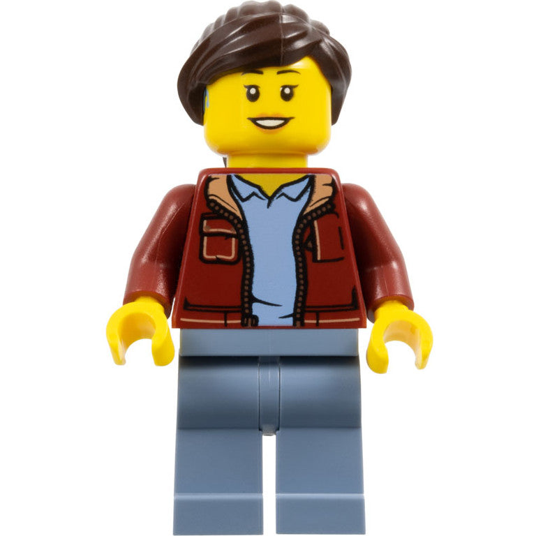 Minifig twn430 - Woman, Dark Red Jacket with Bright Light Blue Shirt, Sand Blue Legs, Dark Brown Hair