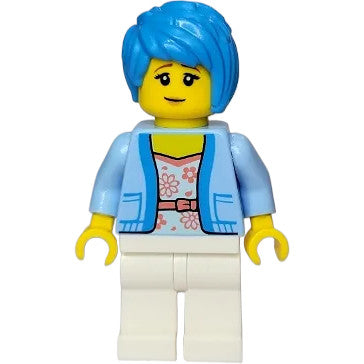 Minifig twn437 - Woman - Bright Light Blue Jacket over White Shirt with Coral Flowers, White Legs, Dark Azure Tousled Hair