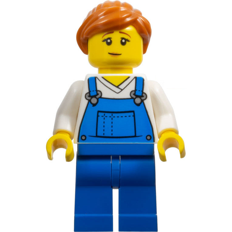 Minifig twn459 - Mover - Female, Blue Overalls over V-Neck Shirt, Blue Legs, Dark Orange Ponytail