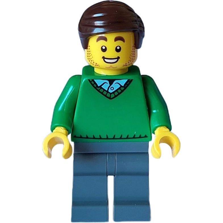 Minifig twn460 - Mover - Male, Green V-Neck Sweater, Dark Bluish Gray Legs, Dark Brown Hair