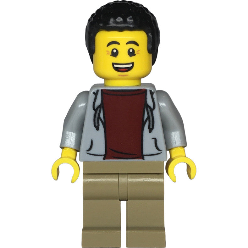 Minifig twn477 - Dad - Light Bluish Gray Hoodie with Dark Red Shirt, Dark Tan Legs, Black Hair