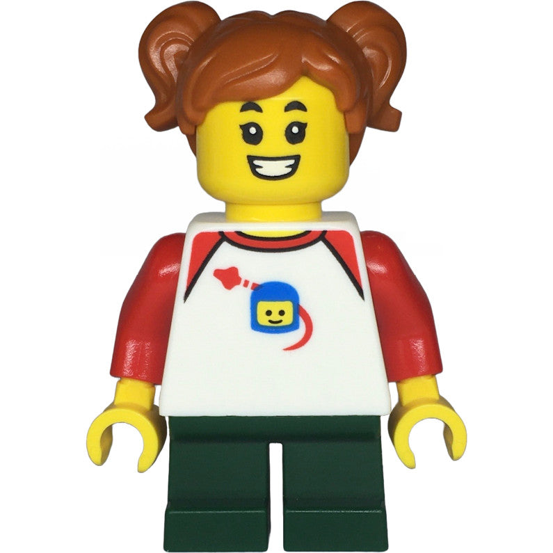 Minifig twn480 - Child - Girl, White Classic Space Shirt with Red Sleeves, Dark Green Short Legs, Dark Orange Pigtails