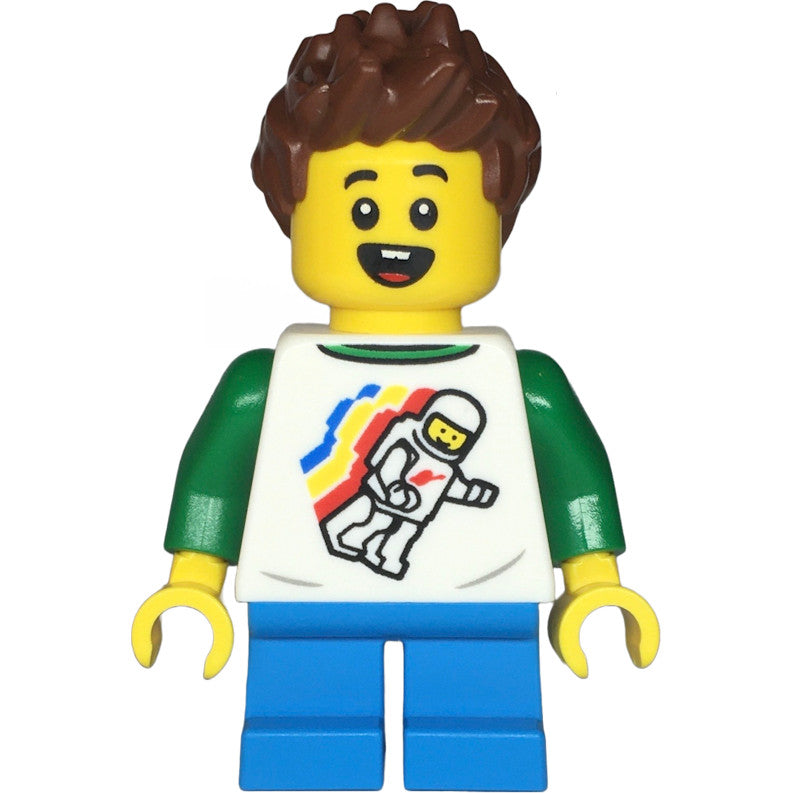 Minifig twn481 - Child - Boy, Classic Space Shirt with Minifigure Floating and Back Print, Dark Azure Short Legs, Reddish Brown Spiked Hair