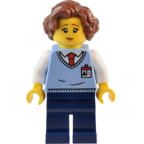 Minifig twn484 - Natural History Museum Employee - Female, Bright Light Blue Sweater Vest with ID Badge, Dark Blue Legs, Reddish Brown Hair